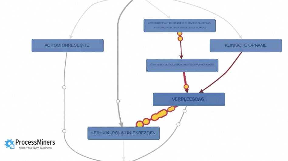 Animantie van de processen, de doorlooptijden en de bottlenecks.